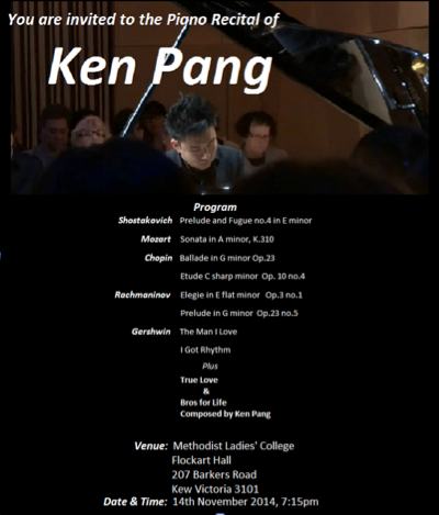 Piano Recital – Ken Pang – Friday 14 November – Flockart Hall, Methodist Ladies College, Kew