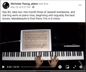 Moving Into Music Piano teacher Nicholas Young reaches a milestone ... 3 Months of Piano in Lockdown reached on 23rd May - Day 62 of online streaming of piano works ...