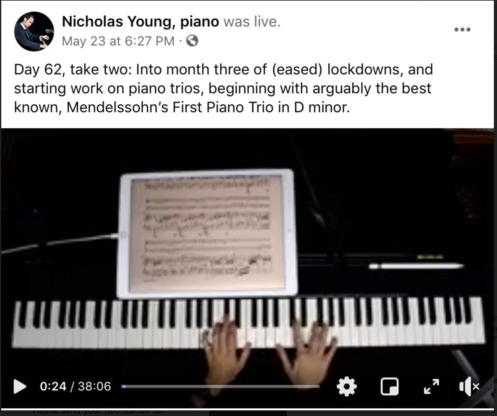Moving Into Music Piano teacher Nicholas Young reaches a milestone … 3 Months of Piano in Lockdown reached on 23rd May – Day 62 of online streaming of piano works …