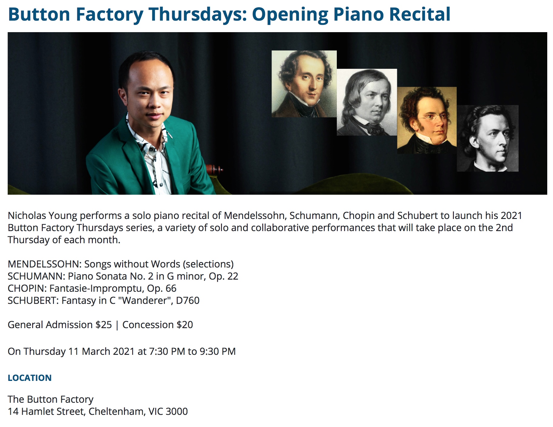 Nicholas Young @ The Button Factory: Opening Piano Recital Thursday 11th March @ 7.30pm …