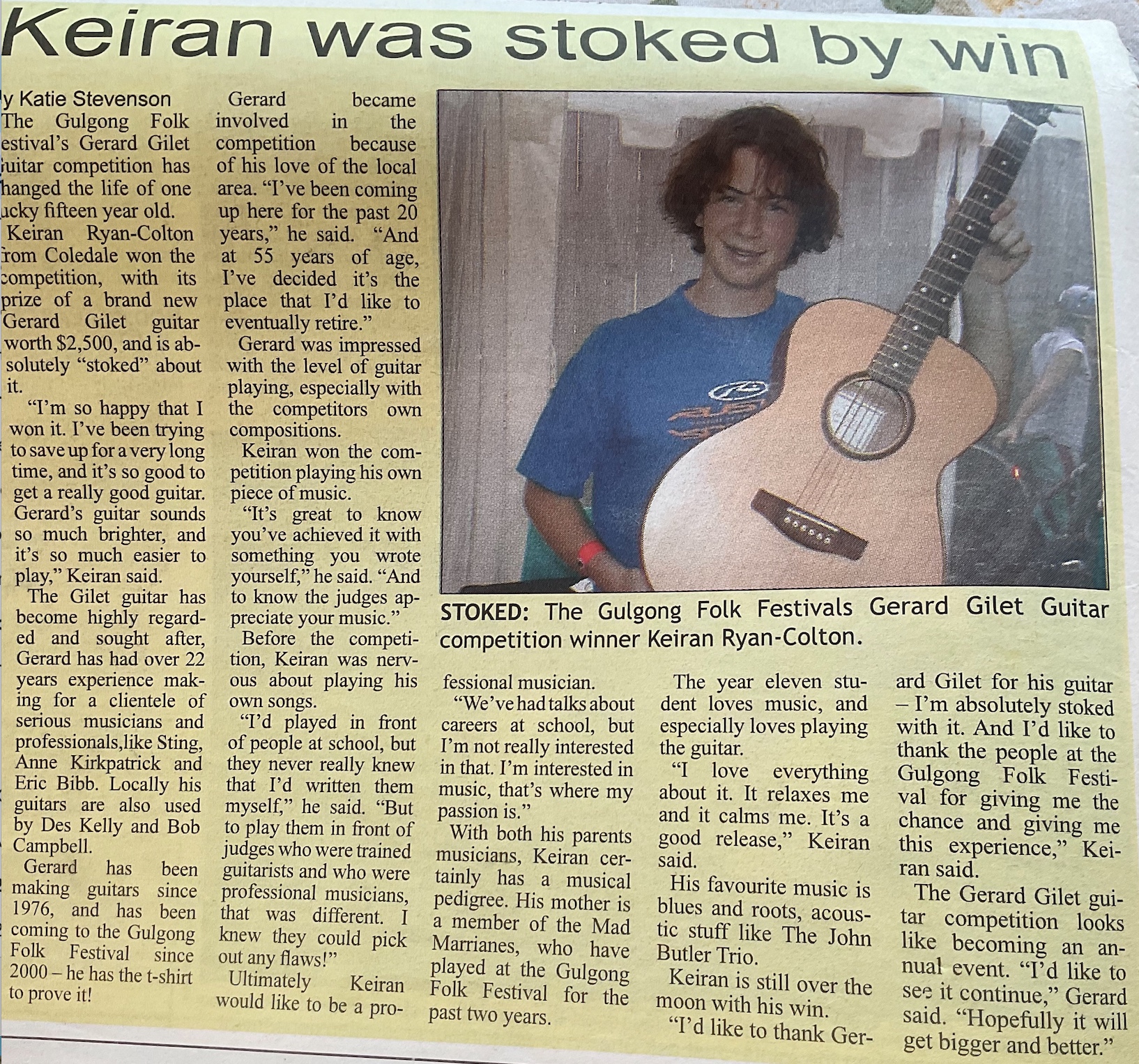 Winning a Guitar @ the Gulgong Guitar Festival in 2004 … from the vault: Kieran Colton’s success – a blast from the past: