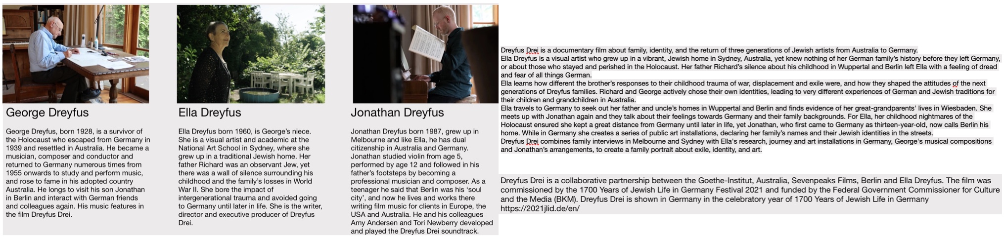 A Musical Life, in Melbourne and Berlin:  Composers father and son George and Jonathan Dreyfus alongside Ella Dreyfus … the protagonists in the documentary film Dreyfus Drei: their lives, their history, their art, their music …